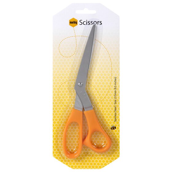 Marbig orange handle scissors in a yellow honeycomb blister card printed Stainless Steel, Size 215mm, 8.5 inches