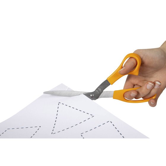 Hand cutting along a dotted line on white paper using a pair of orange handled Marbig scissors