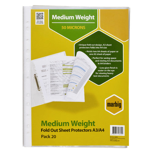 Marbig Medium Weight Fold Out Sheet Protectors A3/A4 Pack 20, printed 50 microns, showing an A3 chart unfolding from an A4 binder