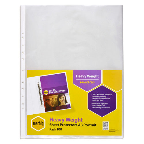 Marbig Heavyweight A3 Clear Sheet Protectors pack of 100 on white background