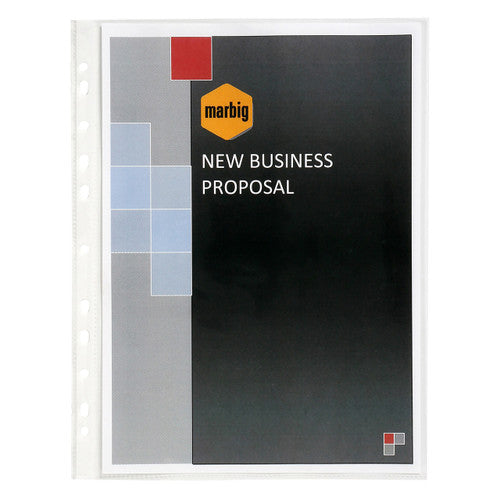 Close-up of 80 micron clear polypropylene A3 sheet protector showing reinforced binding edge