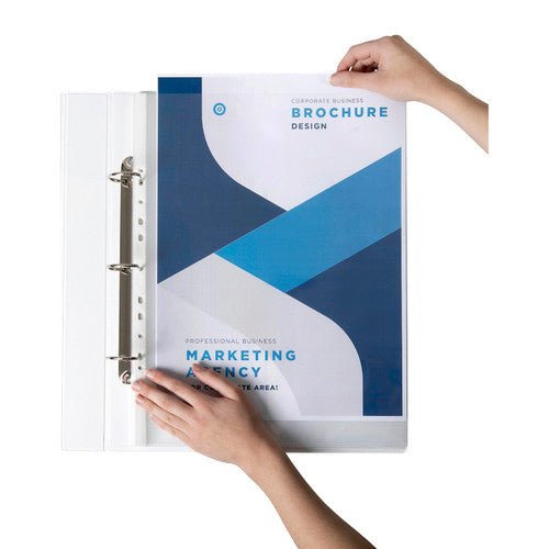 Stack of Marbig A3 heavyweight sheet protectors showing ultra-clear finish and pack quantity