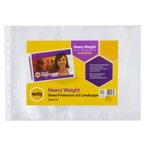 Marbig Heavy Weight Sheet Protectors A3 Landscape Pack 25 retail card showing 80 microns, on a clear landscape pocket