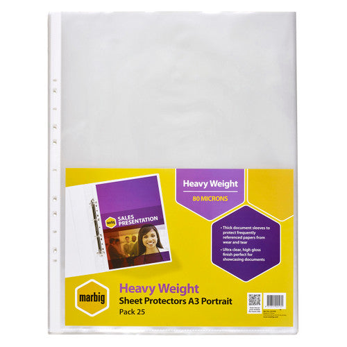 Marbig Sheet Protectors Heavyweight A3 Portrait Clear Pack of 25
