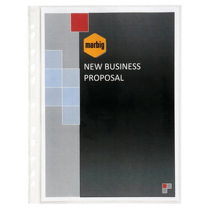Marbig 25100S clear heavyweight A4 sheet protector holding a new business proposal cover, punched strip on the left