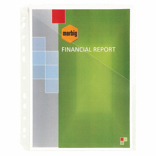 Marbig 20620 clear heavyweight A4 easy access sheet protector holding a green financial report cover, punched strip on the left