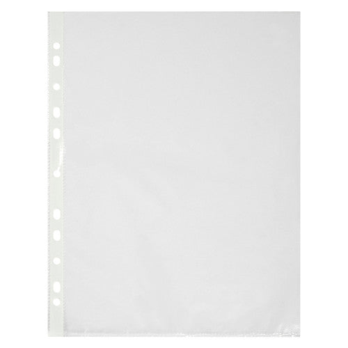 Single clear Marbig lightweight A4 sheet protector with a punched binding edge running down the left side