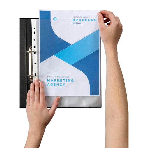 Hands placing an A4 marketing brochure into a clear sheet protector held on the rings of a black binder