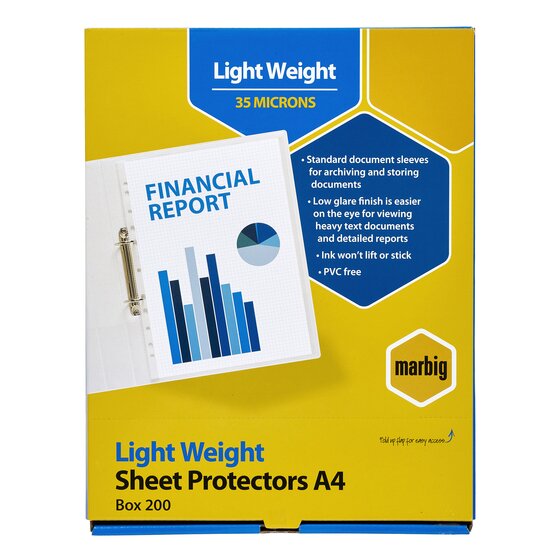Marbig Light Weight Sheet Protectors A4 Box 200, printed 35 microns, with a financial report bar chart shown in a binder