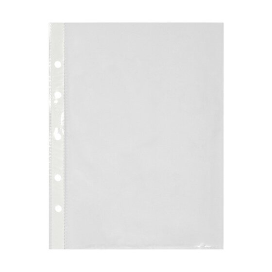 Empty clear Marbig lightweight A5 sheet protector in portrait, with a punched binding strip down the long left edge