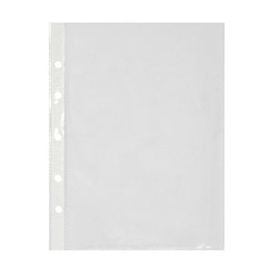 Empty clear Marbig lightweight A5 sheet protector in portrait, with a punched binding strip down the long left edge