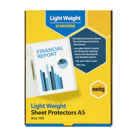 Marbig Light Weight Sheet Protectors A5 Box 100, printed 35 microns, with a financial report pocket shown in a ring binder