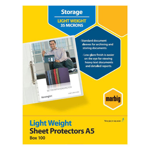 Earlier Marbig Storage box of Light Weight Sheet Protectors A5, Box 100, printed Light Weight 35 Microns on a yellow and blue design