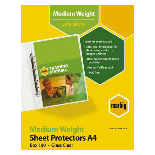 Marbig Medium Weight Sheet Protectors A4 box, printed 50 microns, Box 100 and Glass Clear, with a training manual page in a binder