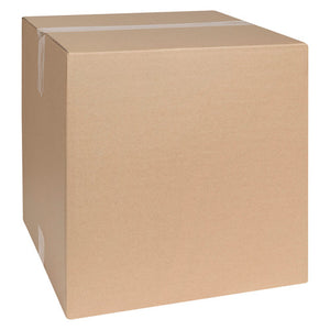 Marbig Professional 51038 brown cube shipping carton, 355 x 355 x 355mm, assembled and closed with clear tape along the top seam