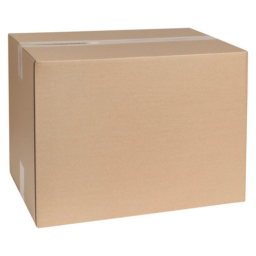 Marbig Professional 480 x 310 x 345mm brown single wall shipping carton, assembled and sealed with clear tape across the top seam and down one side