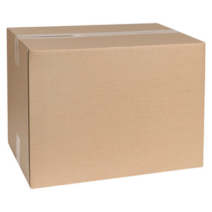 Marbig Professional 480 x 310 x 345mm brown single wall shipping carton, assembled and sealed with clear tape across the top seam and down one side