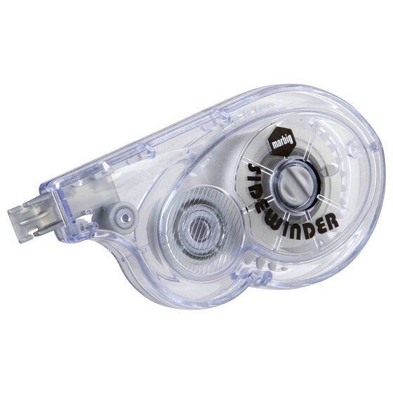 Marbig 975737 Sidewinder correction tape, a clear dispenser with a grey Sidewinder wheel and the applicator tip on the left