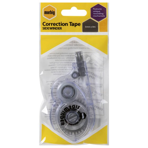 Marbig Sidewinder correction tape in its flow pack, yellow header printed 5mm x 8m and unique rewinding mechanism