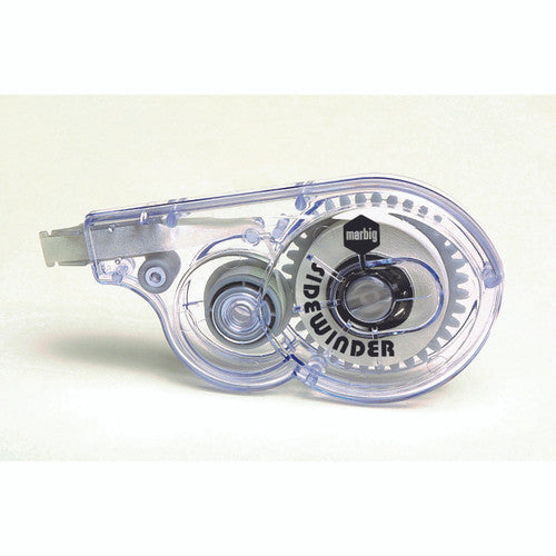 Clear Marbig Sidewinder correction tape dispenser photographed at an angle showing the tape roll through the case