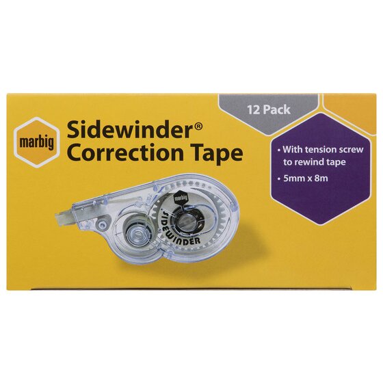 Front of the yellow Marbig Sidewinder correction tape box printed 12 Pack, with tension screw to rewind tape and 5mm x 8m