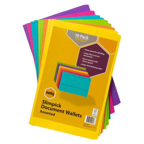 Marbig Slimpick Document Wallet Foolscap Brights Assorted Pack of 10