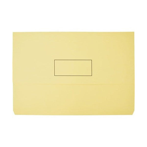 Single Marbig Slimpick buff foolscap wallet seen from the front in a warmer yellow tone, flap closed with an empty name panel