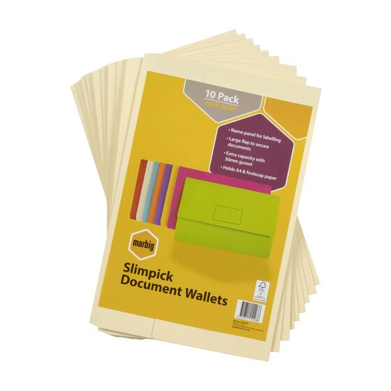 Marbig Slimpick document wallets 10 pack in buff with a yellow header card listing the name panel, large flap and 30mm gusset