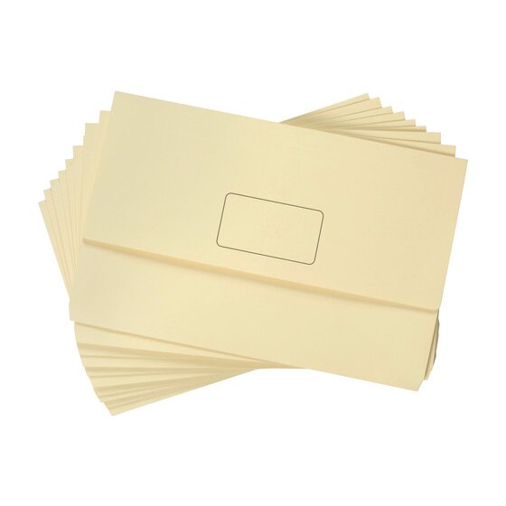Fanned stack of Marbig Slimpick buff foolscap document wallets in pale cream, the top one showing its flap and printed name panel