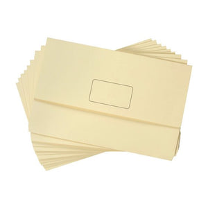 Fanned stack of Marbig Slimpick buff foolscap document wallets in pale cream, the top one showing its flap and printed name panel