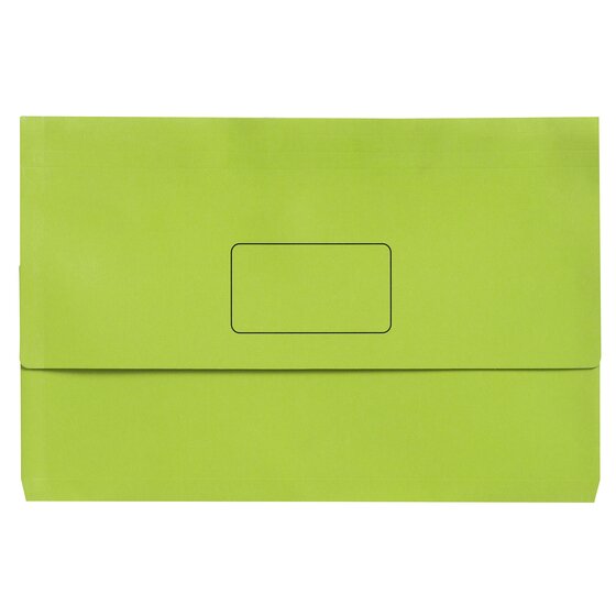 Single Marbig Slimpick foolscap document wallet in Brights lime green, seen from the front with the flap closed and an empty name panel