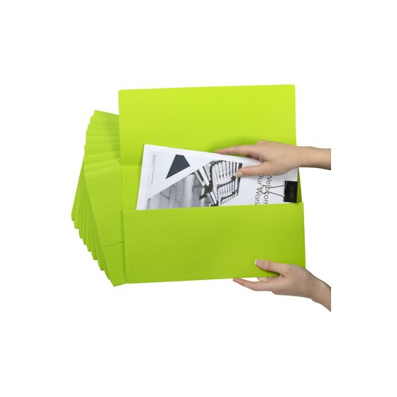 Hands sliding a clipped document into an open Marbig Slimpick Brights green wallet held in front of the rest of the pack