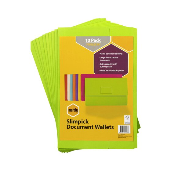 Marbig Slimpick document wallets 10 pack in Brights green with a yellow header card listing the name panel, large flap and 30mm gusset