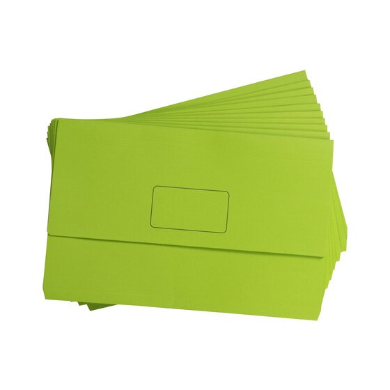 Fanned stack of Marbig Slimpick Brights green foolscap wallets, the top wallet showing its flap and printed name panel