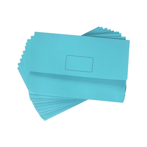 Fanned stack of Marbig Slimpick Brights marine foolscap wallets in light blue, the top wallet showing its flap and printed name panel