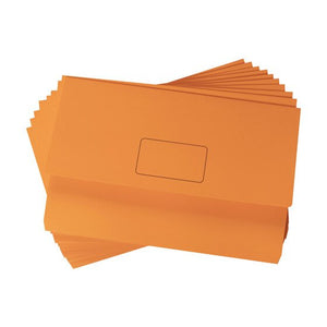 Fanned stack of Marbig Slimpick Brights orange foolscap document wallets, each with a fold over flap and printed name panel
