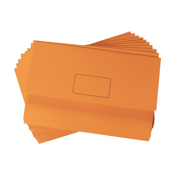 Fanned stack of Marbig Slimpick Brights orange foolscap document wallets, each with a fold over flap and printed name panel