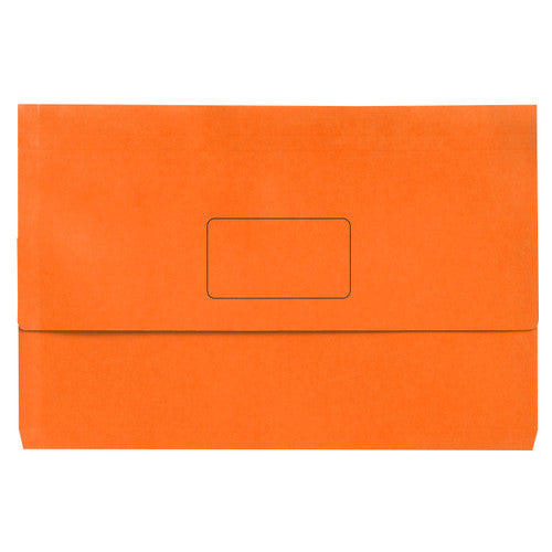 Single Marbig Slimpick orange foolscap document wallet seen from the front, flap closed with the empty name panel in the centre