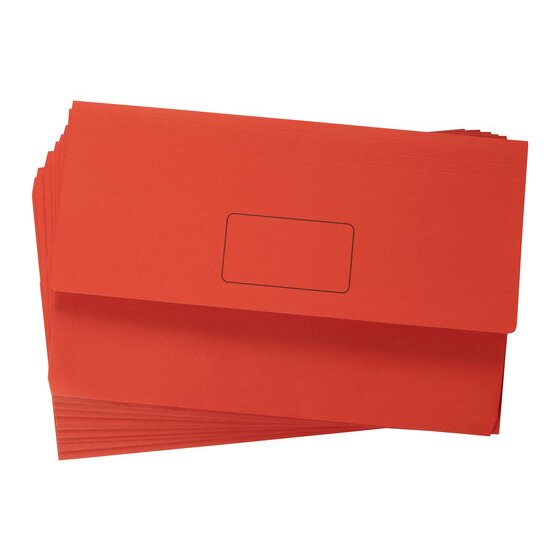 Pile of Marbig Slimpick red foolscap document wallets, top one flat with its flap closed and a printed name panel