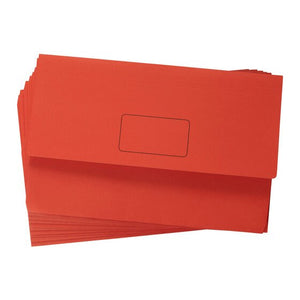 Pile of Marbig Slimpick red foolscap document wallets, top one flat with its flap closed and a printed name panel