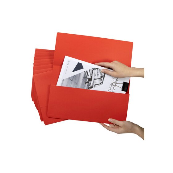Two hands loading papers held with a bulldog clip into a red Marbig Slimpick wallet in front of a stack of red wallets