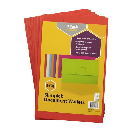 Marbig Slimpick Document Wallets 10 pack in Brights red, header card showing 10 Pack Foolscap and four feature points