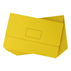 Several Marbig Slimpick Brights yellow foolscap wallets spread in a fan, top wallet flat with the name panel on its flap
