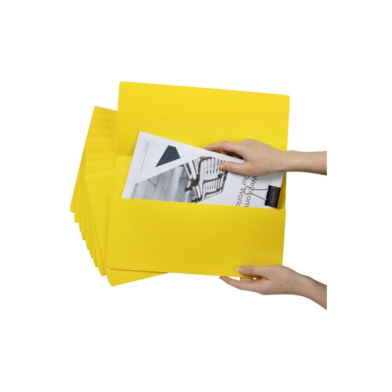 Hand pushing a clipped booklet into an open yellow Marbig Slimpick wallet while another hand holds the wallet stack