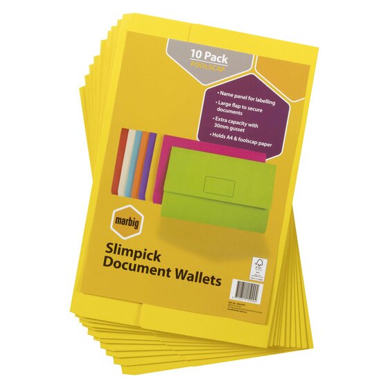 Marbig Slimpick yellow document wallets in a 10 pack, header card on top with Holds A4 and foolscap paper among the points