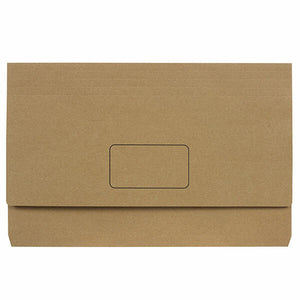 Marbig Slimpick Enviro Kraft foolscap document wallet in plain brown, flap closed with a printed name panel on the front