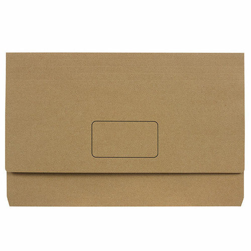 Marbig Slimpick Enviro Kraft foolscap document wallet in plain brown, flap closed with a printed name panel on the front