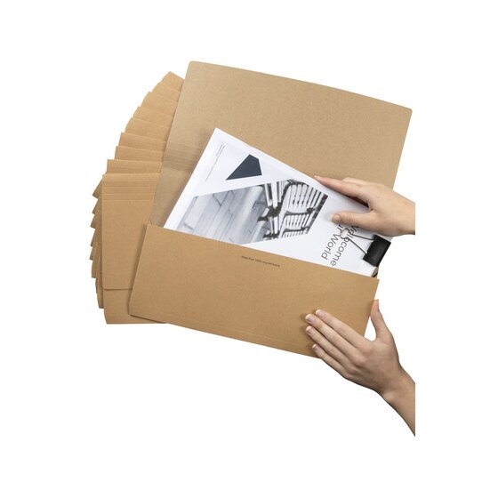 Hands loading papers into the front wallet of a fanned row of brown Marbig Slimpick Enviro Kraft foolscap wallets