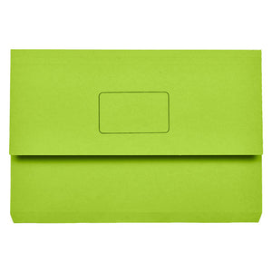 Green Marbig Slimpick foolscap document wallet, front on, flap closed over the pocket with a printed name panel outline