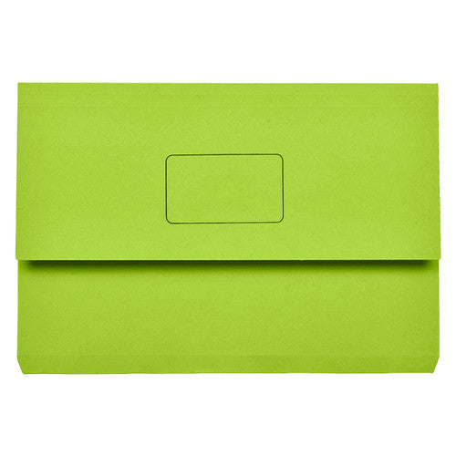 Green Marbig Slimpick foolscap document wallet, front on, flap closed over the pocket with a printed name panel outline